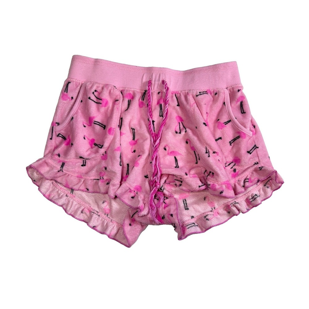 Betsey Johnson Women's MEDIUM Pink Flamingo Ruffle Terry Pull On Shorts Lounge